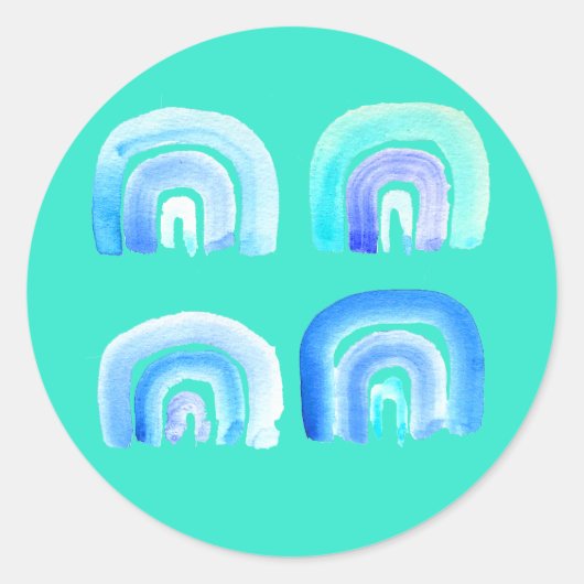 Blauwe regenboogretro turquoise ronde sticker (Voorkant)