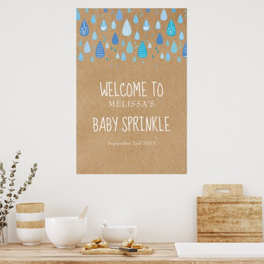Blauwe regendruppels, Baby / Shower Welkom Poster (Keuken)