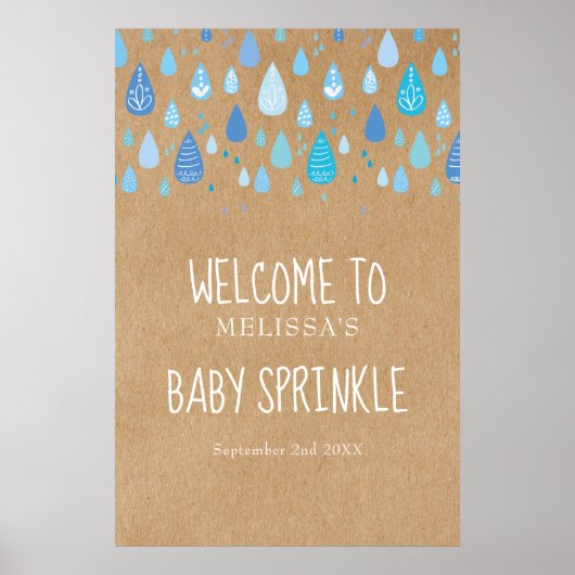 Blauwe regendruppels Baby Sprinkle / Shower Welkom Poster (Voorkant)