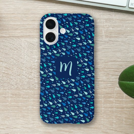 Blauwe regendruppels custom monogram Case-Mate iPhone case