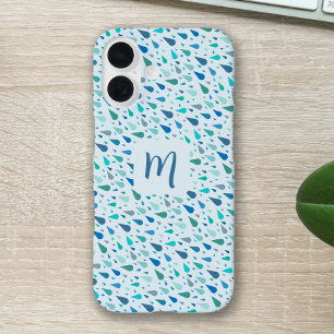 Blauwe regendruppels custom monogram iPhone 16 hoesje