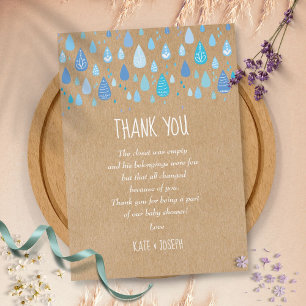Blauwe regendruppels rustieke babyshower dank je g bedankkaart
