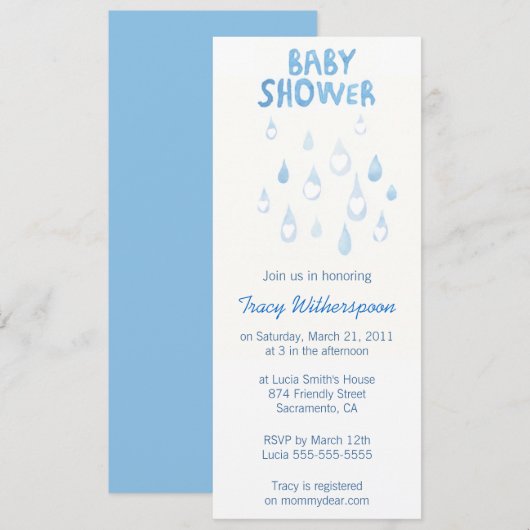 Blauwe regenval baby shower Uitnodiging (Voorkant / Achterkant)
