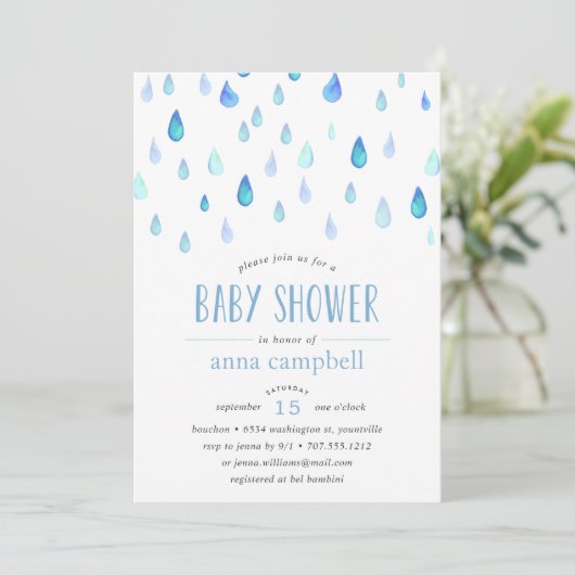 Blauwe regenval | Uitnodiging tot Baby shower (Staand voorkant)