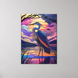 Blauwe reiger bij zonsondergang canvas afdruk