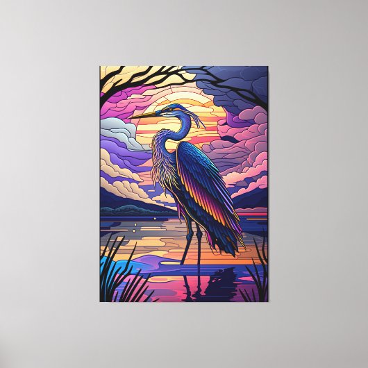 Blauwe reiger bij zonsondergang canvas afdruk (Voorkant)