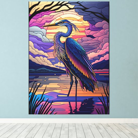 Blauwe reiger bij zonsondergang canvas afdruk (Insitu (Houten vloer))