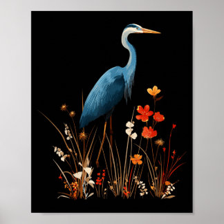 Blauwe Reiger Bloemige Wilde Bloem Vogelspotten Poster