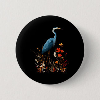 Blauwe Reiger Bloemige Wilde Bloem Vogelspotten Ronde Button 5,7 Cm