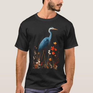 Blauwe Reiger Bloemige Wilde Bloem Vogelspotten T-shirt