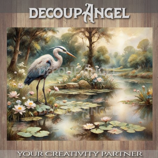 Blauwe reiger in de vijver Decoupage Tissuepapier