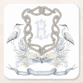 Blauwe Reiger Touw Monogram Wapenschild Kartonnen Onderzetters