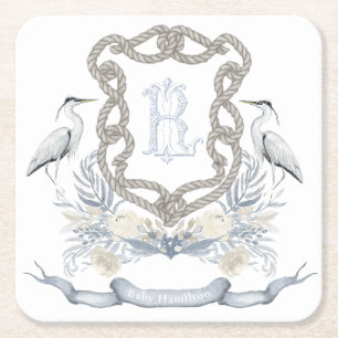 Blauwe Reiger Touw Monogram Wapenschild Kartonnen Onderzetters