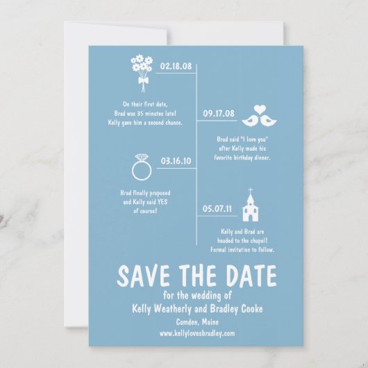 Blauwe Relatie tijdlijn Weddenschap Opslaan Datum Save The Date (Voorkant)