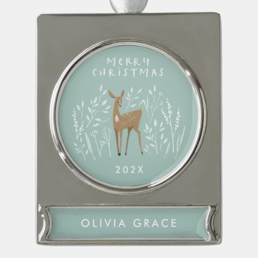 Blauwe rendierbotanische delicate elegant verzilverd banner ornament (Voorkant)