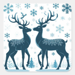 Blauwe Rendierfamilie Silhouet In Wintersneeuw Vierkante Sticker