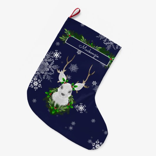 Blauwe rendierhouderij grote kerstsok (Voorkant (Hangend))