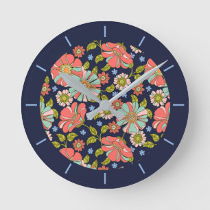 Blauwe Retro 70s Bloemenpatroon Ronde Klok