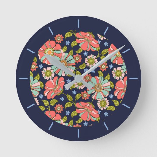 Blauwe Retro 70s Bloemenpatroon Ronde Klok (Voorkant)
