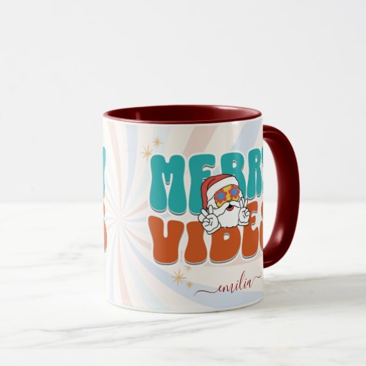 Blauwe Retro 70s Thema Merry Vibes Aangepaste naam Mok (Voorkant rechts)