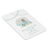 Blauwe retro aanhangwagen sla de datum op magneet (Rechterzijde)