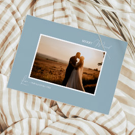 Blauwe Retro Boho Minimalist Merry Married Foto Feestdagenkaart