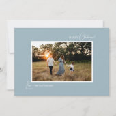 Blauwe Retro Boho Minimalistische foto en brief Feestdagenkaart (Voorkant)