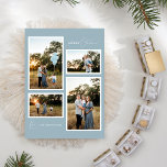 Blauwe Retro Boho Minimalistische Vier Fotocollage Feestdagenkaart<br><div class="desc">Deze Blue Retro Boho Minimalist Four Photo Collage Holiday Kaart design heeft een zacht en koel decor van stoffig blauw met een elegante combinatie van eenvoudige typografie en delicaat script met de groeten van het seizoen van "Vrolijk kerstfeest". Deze mooie minimale stijl is een perfect gepolijste esthetiek voor uw dierbaren...</div>