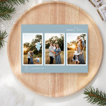 Blauwe Retro Boho Minimalistische Vijf Fotocollage Feestdagenkaart<br><div class="desc">Deze Blue Retro Boho Minimalist Five Photo Collage Holiday Kaart design heeft een zacht en koel decor van stoffig blauw met een elegante combinatie van eenvoudige typografie en delicaat script met de groeten van het seizoen van "Merry Christmas". Deze mooie minimale stijl is een perfect gepolijste esthetiek voor uw dierbaren...</div>