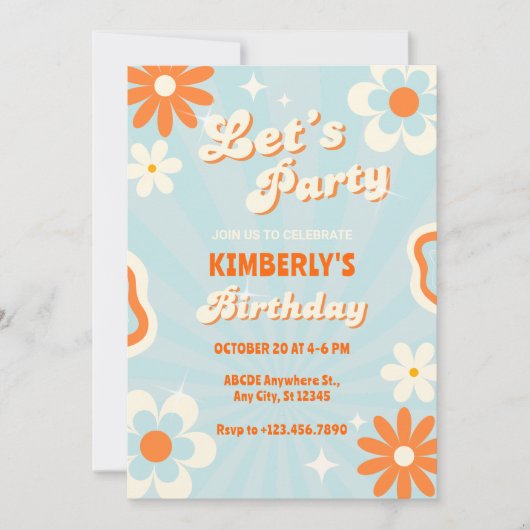 Blauwe retro groovy verjaardag kaart (Voorkant)