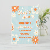 Blauwe retro groovy verjaardag kaart (Staand voorkant)