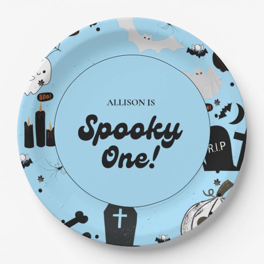 Blauwe Retro Grooy Spooky One Halloween 1e Verjaar Papieren Bordje (Voorkant)