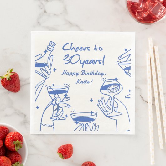 Blauwe Retro Handdraw Funky Cocktail Verjaardag Servet (Insitu)