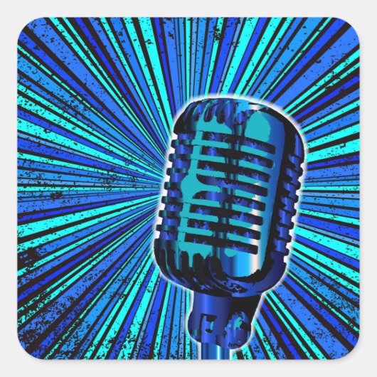 Blauwe Retro Microfoon Vierkante Sticker (Voorkant)