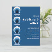 Blauwe Retro Mid Century bloemenbruiloft Kaart (Staand voorkant)