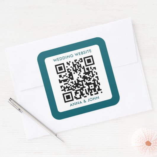 Blauwe retro moderne minimalistische bruiloft QR-c Vierkante Sticker (Envelop)