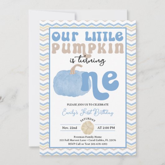 Blauwe Retro Pompoen Verjaardag Uitnodigen Kaart (Voorkant)