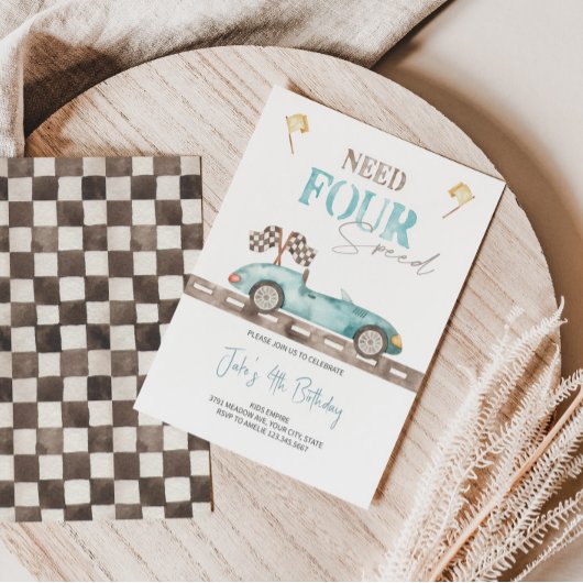 Blauwe Retro Race Auto Verjaardag Uitnodiging