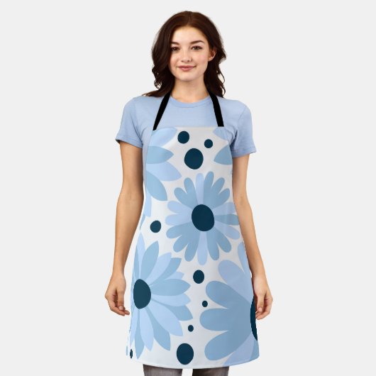 Blauwe retro stijl madeliefjes en donkerblauwe sti schort (Gedragen)