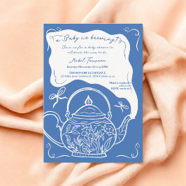 Blauwe retro strikken theepot baby is brouwen douc kaart