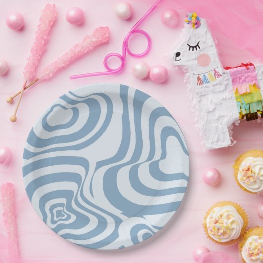 Blauwe Retro Swirl Groovy Y2K Patroon Papieren Bordje (Feest)