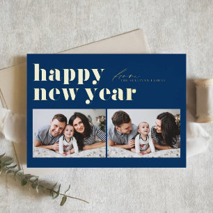Blauwe Retro Typografie Gelukkig Nieuwjaar 2 Foto Folie Feestdagenkaart