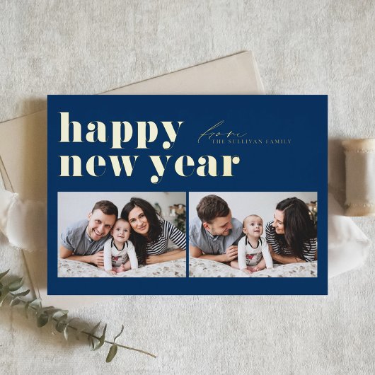 Blauwe Retro Typografie Gelukkig Nieuwjaar 2 Foto Folie Feestdagenkaart