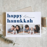 Blauwe Retro Typografie Happy Chanoeka Twee Foto Feestdagen Kaart<br><div class="desc">Fijne Chanoeka! Stuur je Chanoeka groeten naar familie en vrienden met deze aanpasbare foto Chanoeka kaart. Het is een retro-gedurfde typografie. Personaliseer door uw gegevens toe te voegen. Deze aangepaste Chanoeka kaart is beschikbaar op andere kleuren en cardstock. Overeenkomende objecten zijn beschikbaar.</div>