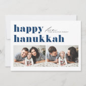 Blauwe Retro Typografie Happy Chanoeka Twee Foto Feestdagenkaart (Voorkant)