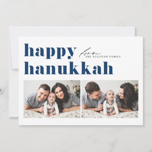 Blauwe Retro Typografie Happy Chanoeka Twee Foto Feestdagenkaart (Voorkant)