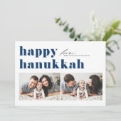Blauwe Retro Typografie Happy Chanoeka Twee Foto Feestdagenkaart (Staand voorkant)