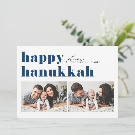 Blauwe Retro Typografie Happy Chanoeka Twee Foto Feestdagenkaart (Staand voorkant)