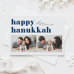 Blauwe Retro Typografie Happy Chanoeka Twee Foto Feestdagenkaart<br><div class="desc">Fijne Chanoeka! Stuur je Chanoeka groeten naar familie en vrienden met deze aanpasbare foto Chanoeka kaart. Het is een retro-gedurfde typografie. Personaliseer door uw gegevens toe te voegen. Deze aangepaste Chanoeka kaart is beschikbaar op andere kleuren en cardstock. Overeenkomende objecten zijn beschikbaar.</div>