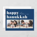 Blauwe Retro Typografie Happy Chanoeka Twee Foto Feestdagenkaart<br><div class="desc">Fijne Chanoeka! Stuur je Chanoeka groeten naar familie en vrienden met deze aanpasbare foto Chanoeka kaart. Het is een retro-gedurfde typografie. Personaliseer door uw gegevens toe te voegen. Deze aangepaste Chanoeka kaart is beschikbaar op andere kleuren en cardstock. Overeenkomende objecten zijn beschikbaar.</div>